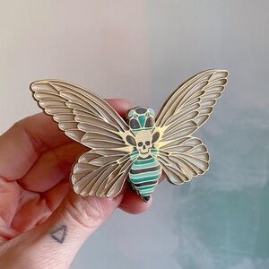 Large death’s head moth enamel pin statement piece by Dirty Lola
